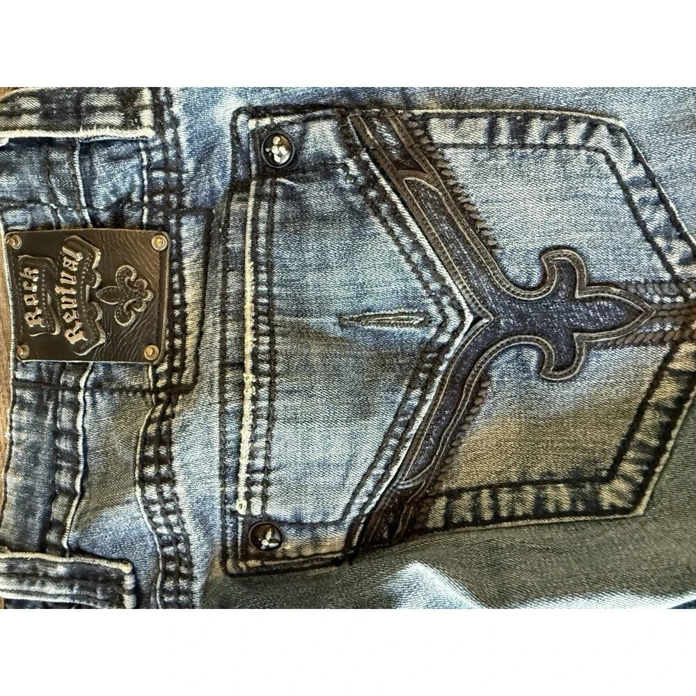 Rock Revival Chuck Straight Jeans Blue Heavy Stitch Distressed Mens Size 38x33
